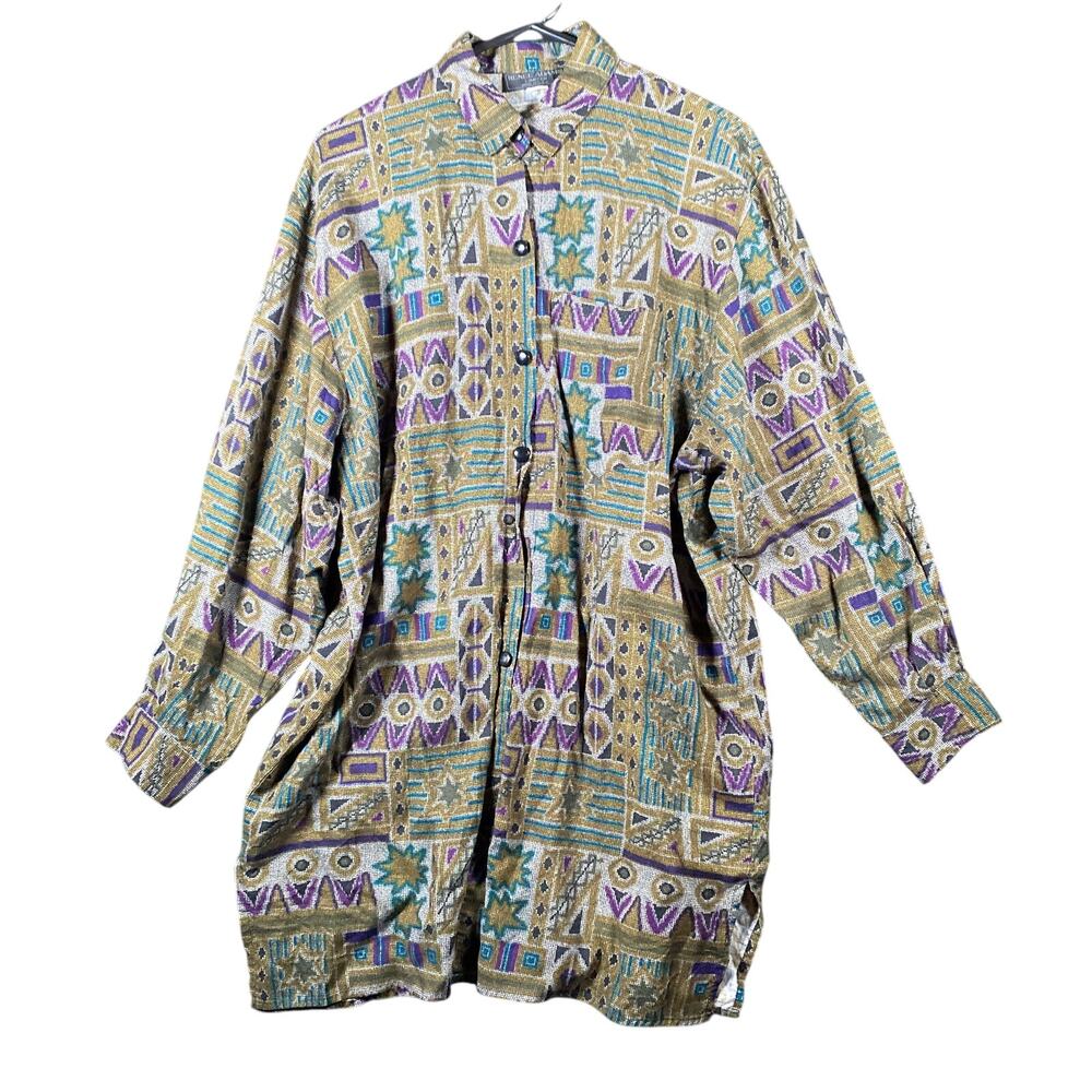Vintage Renee Adams Limited Womens Blouse Multicolored Button Down USA Made XL